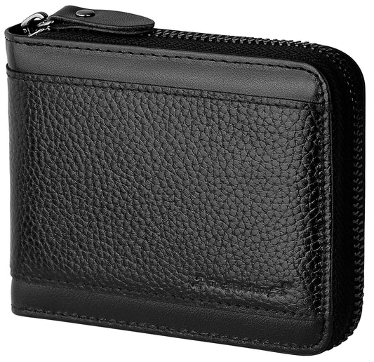 RFID Wallet for Men Leather Zip Wallet Bifold Card Holder Purse with Zipper Coin Pocket(Black-21)