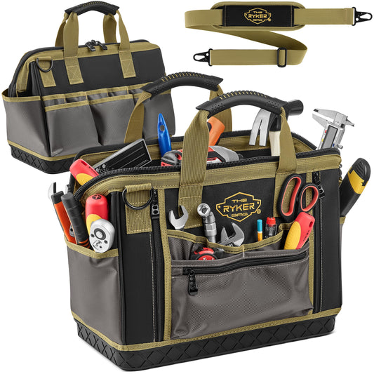 The Ryker Bag 16-inch Large Heavy Duty Wide Mouth Tool-Bag Organizer with Maximum Storage, Portable Utility Bag for Tools, Gift for Dads, Contractors, Mechanics, Technicians, Handyman & Welders