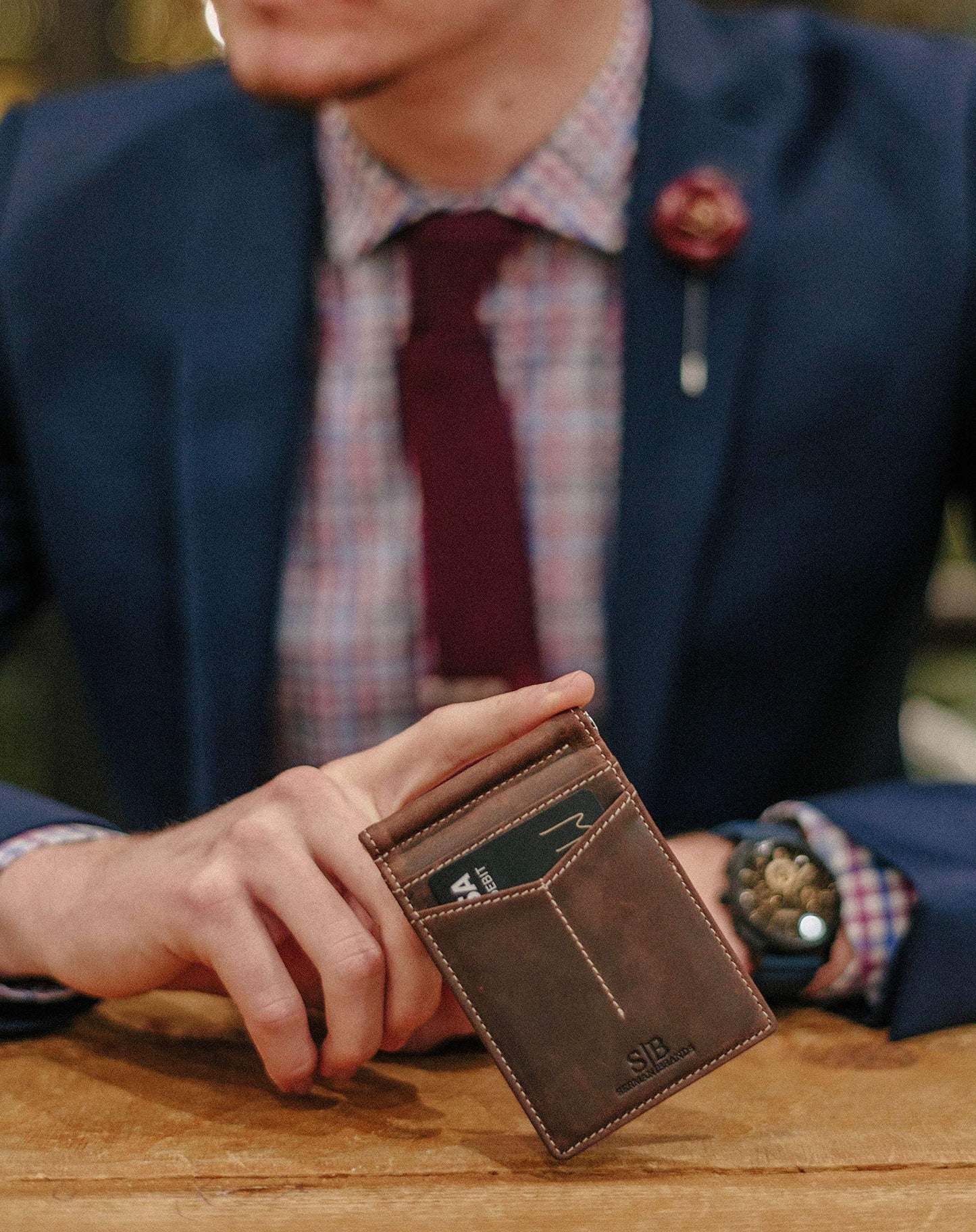SERMAN BRANDS RFID Blocking Wallet Slim Bifold - Genuine Leather Minimalist Front Pocket Wallets for Men with Money Clip Gift (Texas Brown)