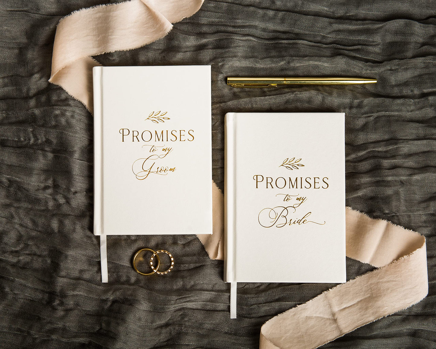 MUUJEE Promises to My Groom and Promises to My Bride Wedding Vow Books (Set of 2) - White Gold Foil Embossed Notebook Journal for Wedding Ceremony Vow Renewal - Wedding Gift Ideas