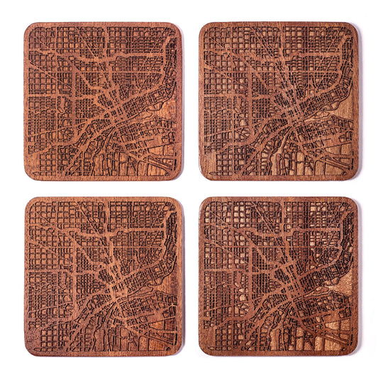 Detroit Map Coaster by O3 Design Studio, Set Of 4, Sapele Wooden Coaster With City Map, Handmade